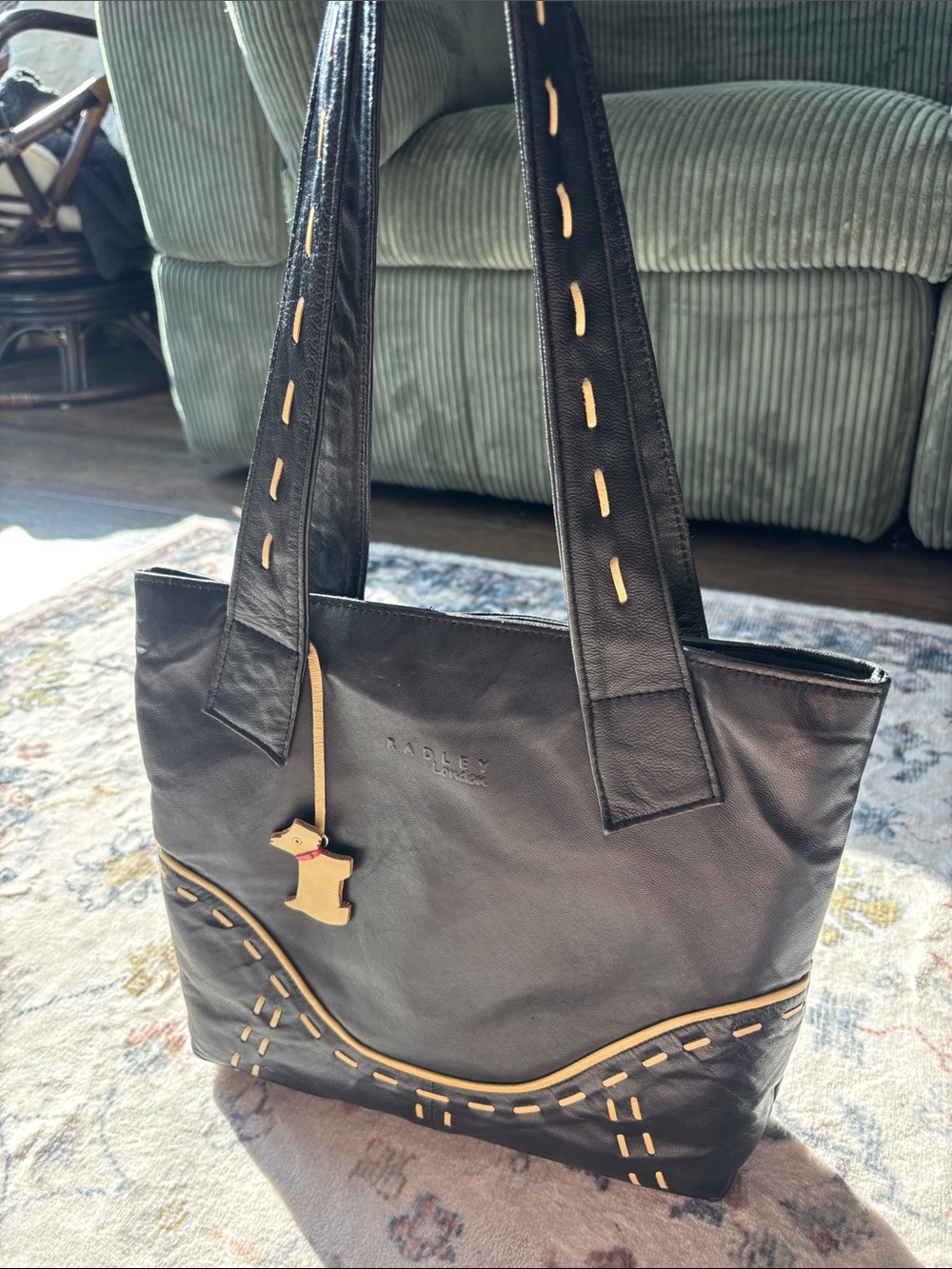 Vintage RADLEY LONDON Black Leather Tote with Tan Stitch Accents
